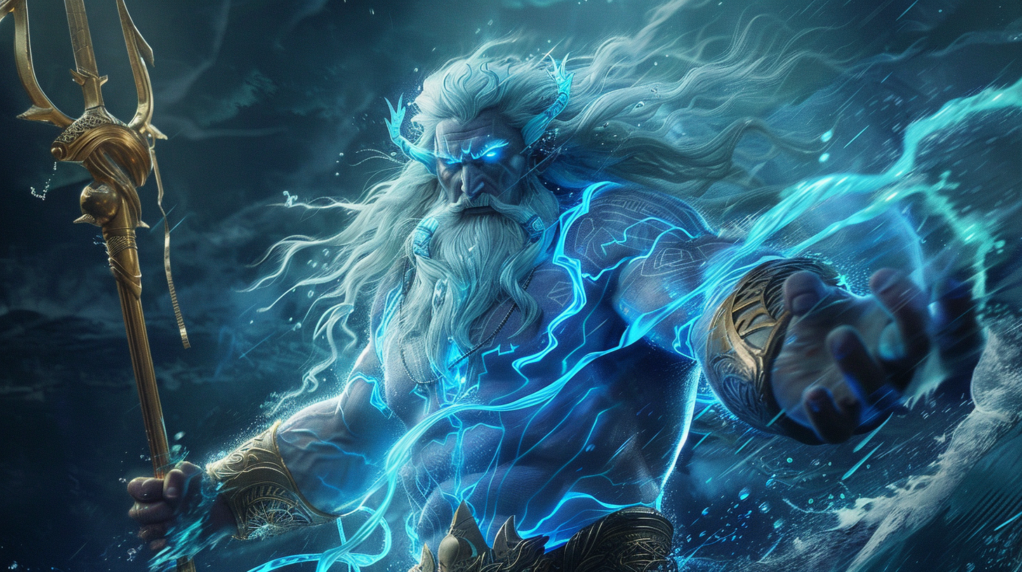 Powerful Sea God with trident, glowing eyes, white hair.