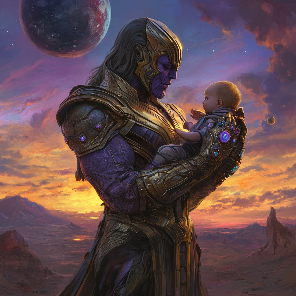 Powerful female Thanos, gentle with baby, Infinity Gauntlet.