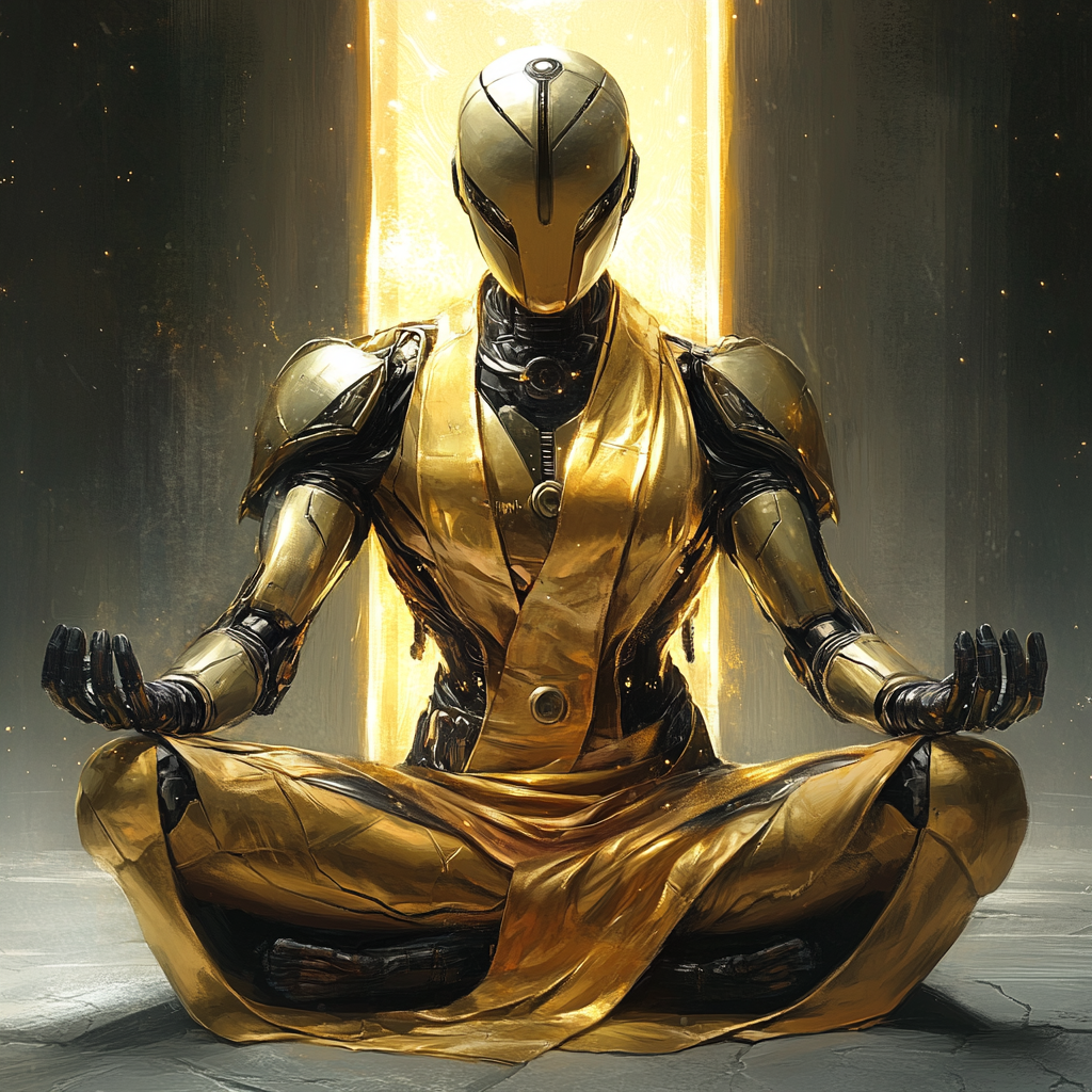 Powerful robot guru in gold armor meditating peacefully.