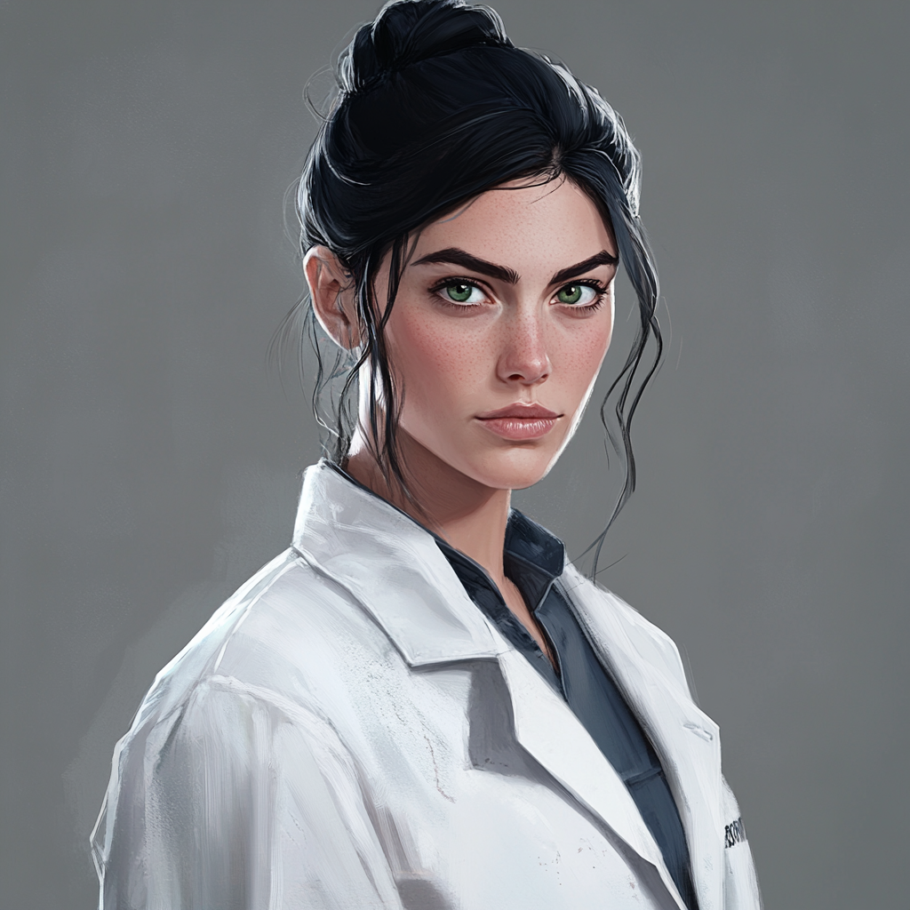 Pragmatic woman in lab coat, green eyes, dark hair.