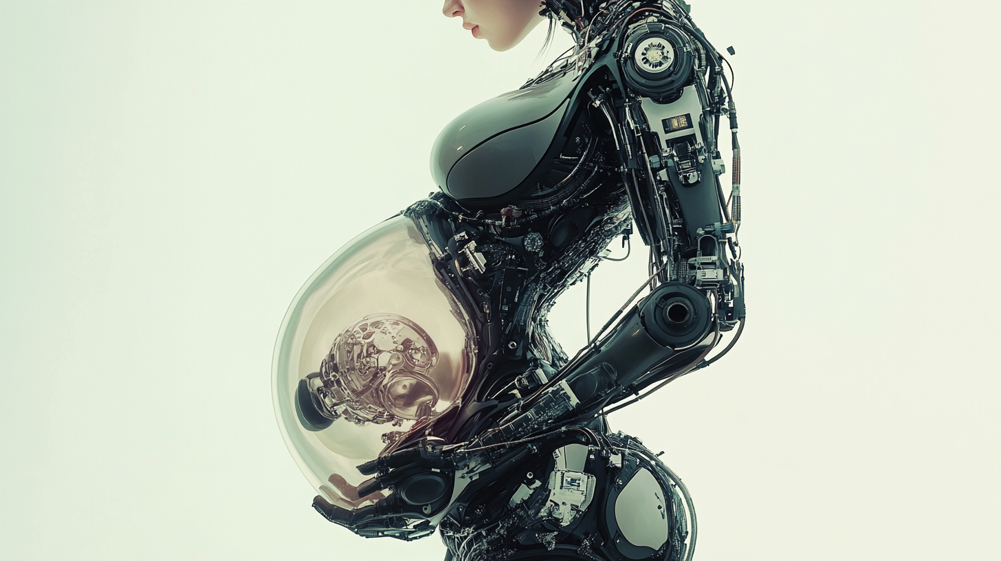 Pregnant robot lady with transparent belly, detailed mechanisms