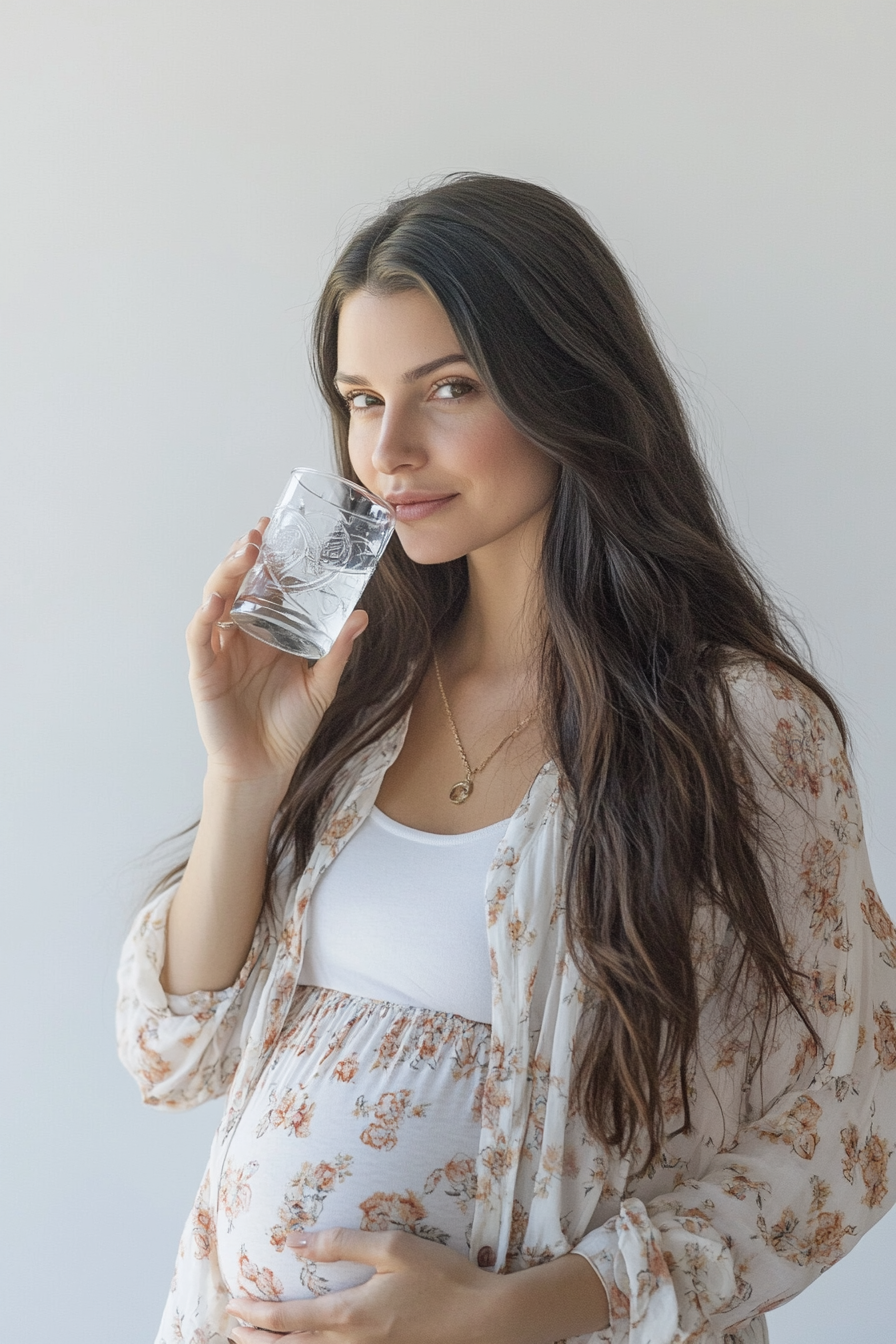 Pregnant woman posing for refreshing drink ad