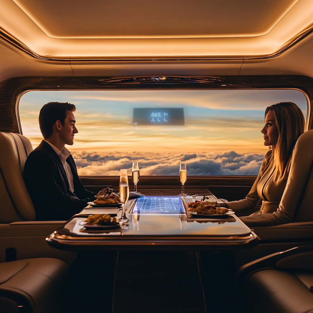 Premium jet tutoring with holographic math problems at 30,000 feet.