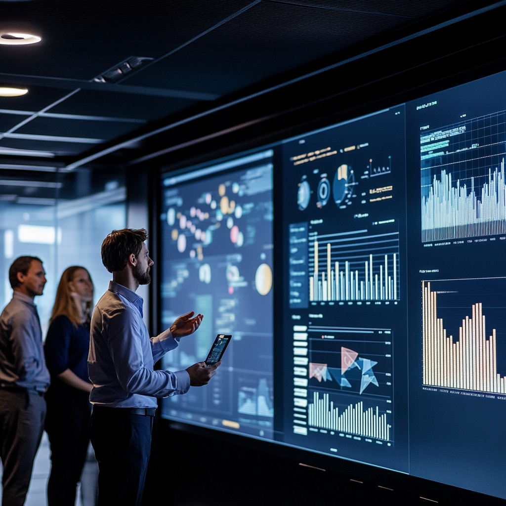 Presenting business analytics research to global audience with data charts.