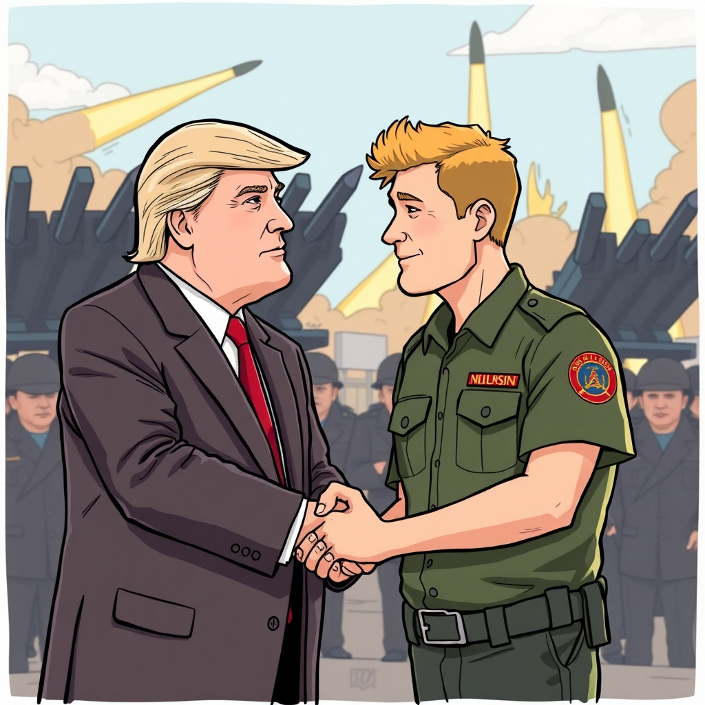 President Trump and Zelenskyy handshake with launching missiles.