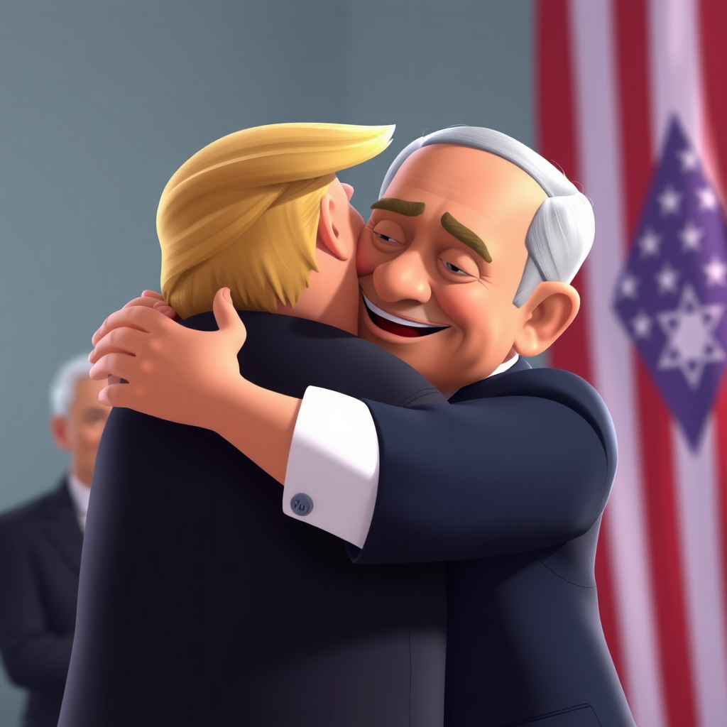 President Trump hugs Netanyahu in animated image.