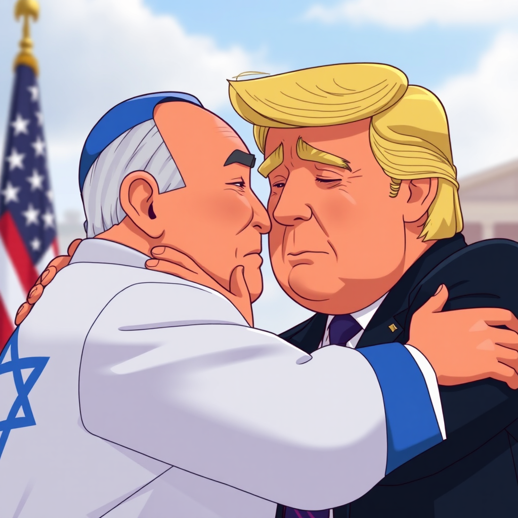 President Trump hugs Netanyahu while crying.