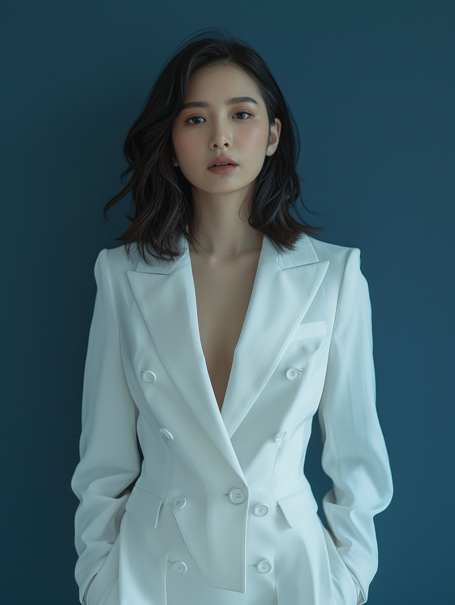 Pretty Asian girl in white suit with cool emotion.