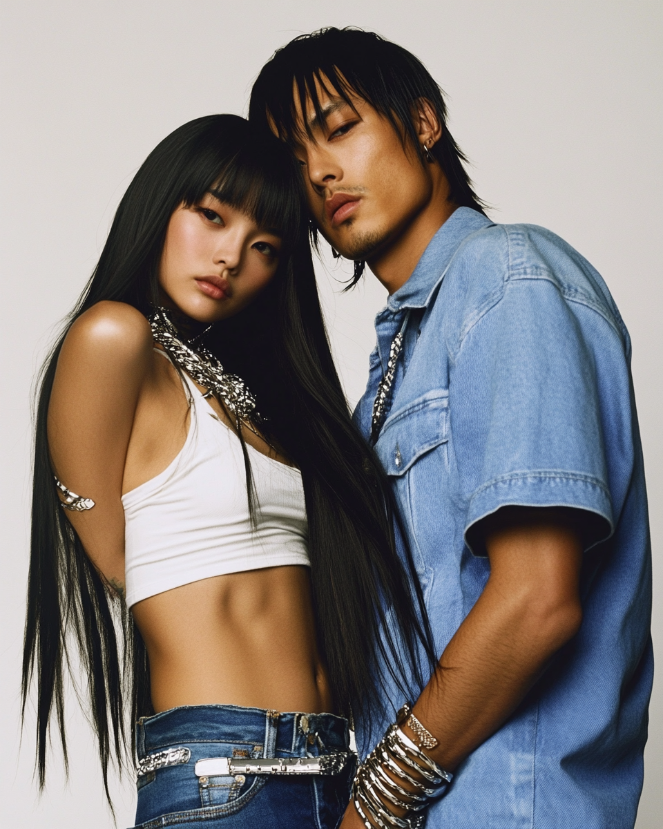 Pretty Asian girl with boyfriend, high fashion magazine cover.