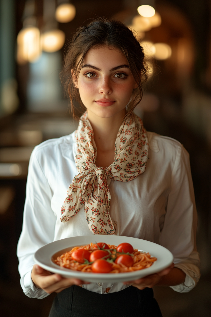 Pretty Italian waitress in Italian restaurant serving pasta.