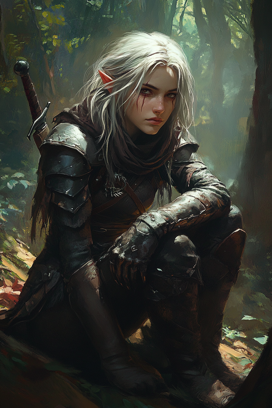 Pretty drow female ranger in dark leather armor.