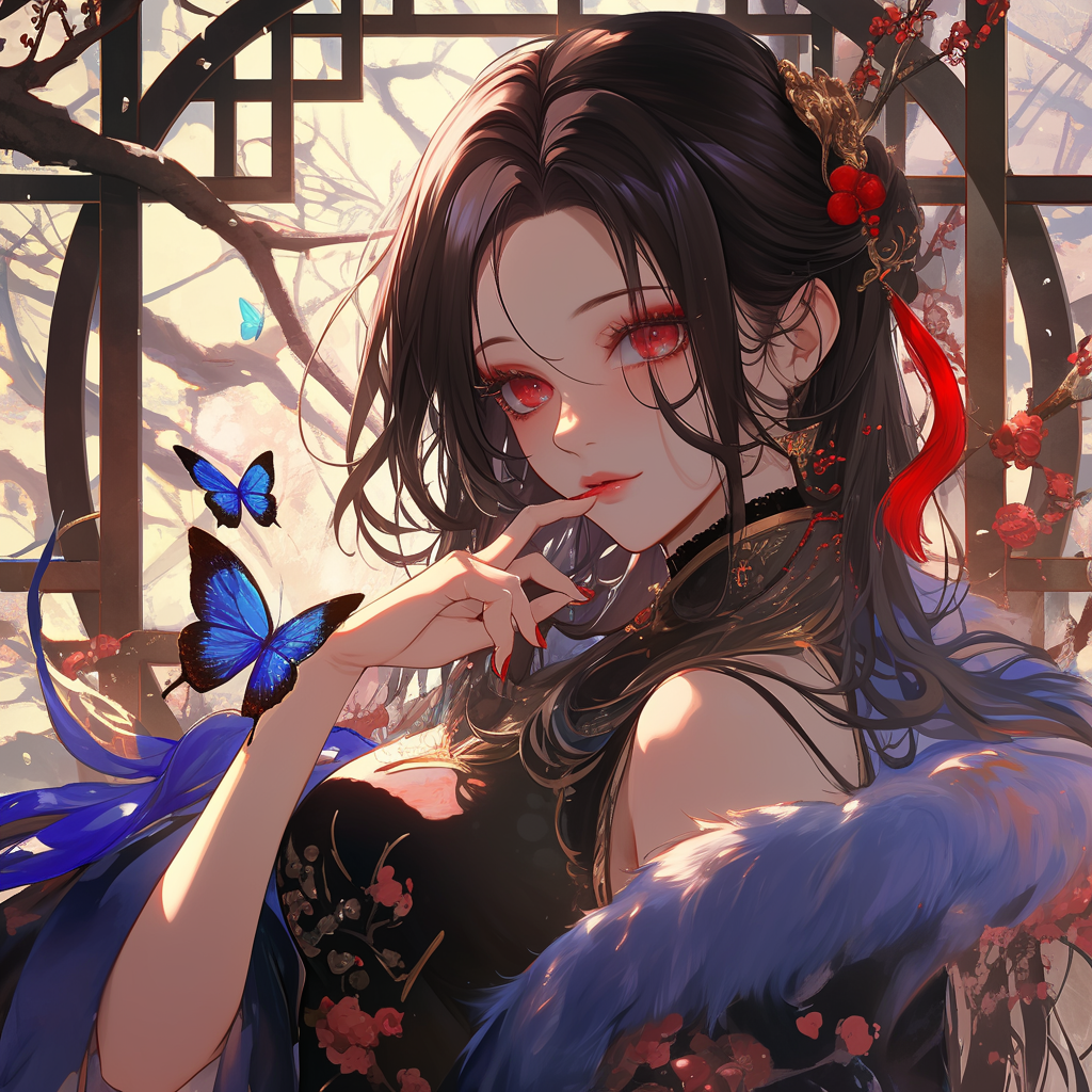 Pretty girl with long black hair and butterfly.