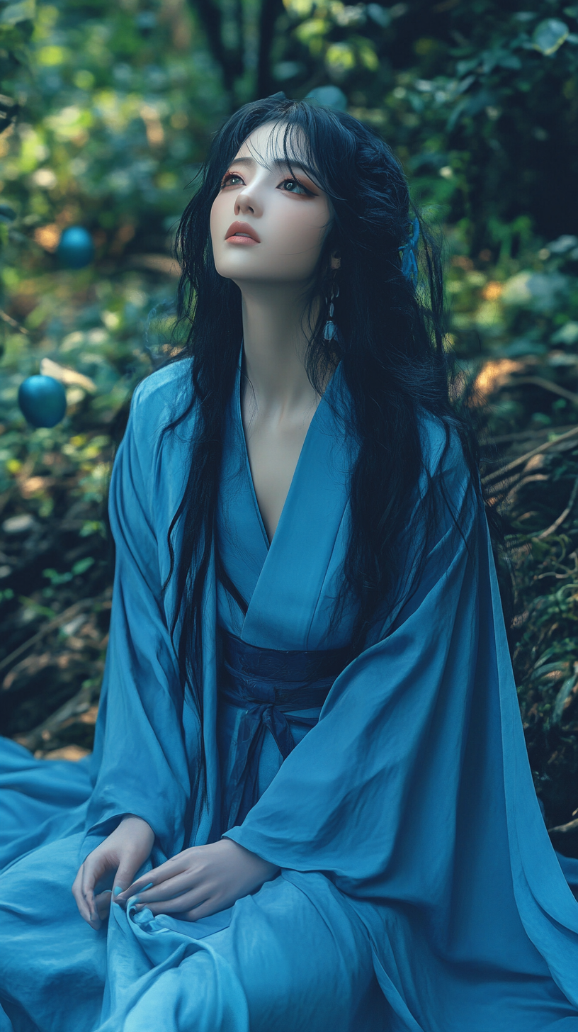 Princess in Blue Robe Smiling in Enchanted Forest