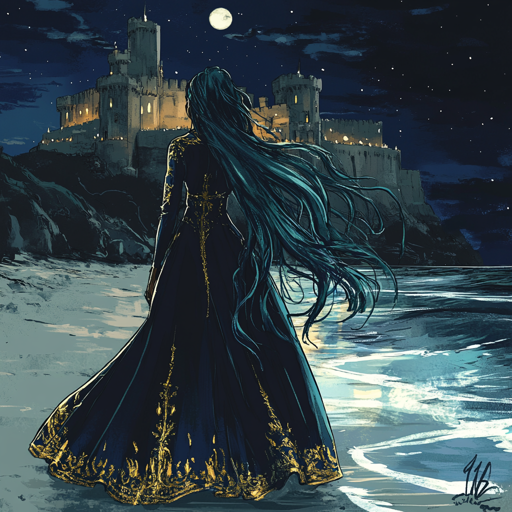 Princess with teal hair walks by seaside castle at night