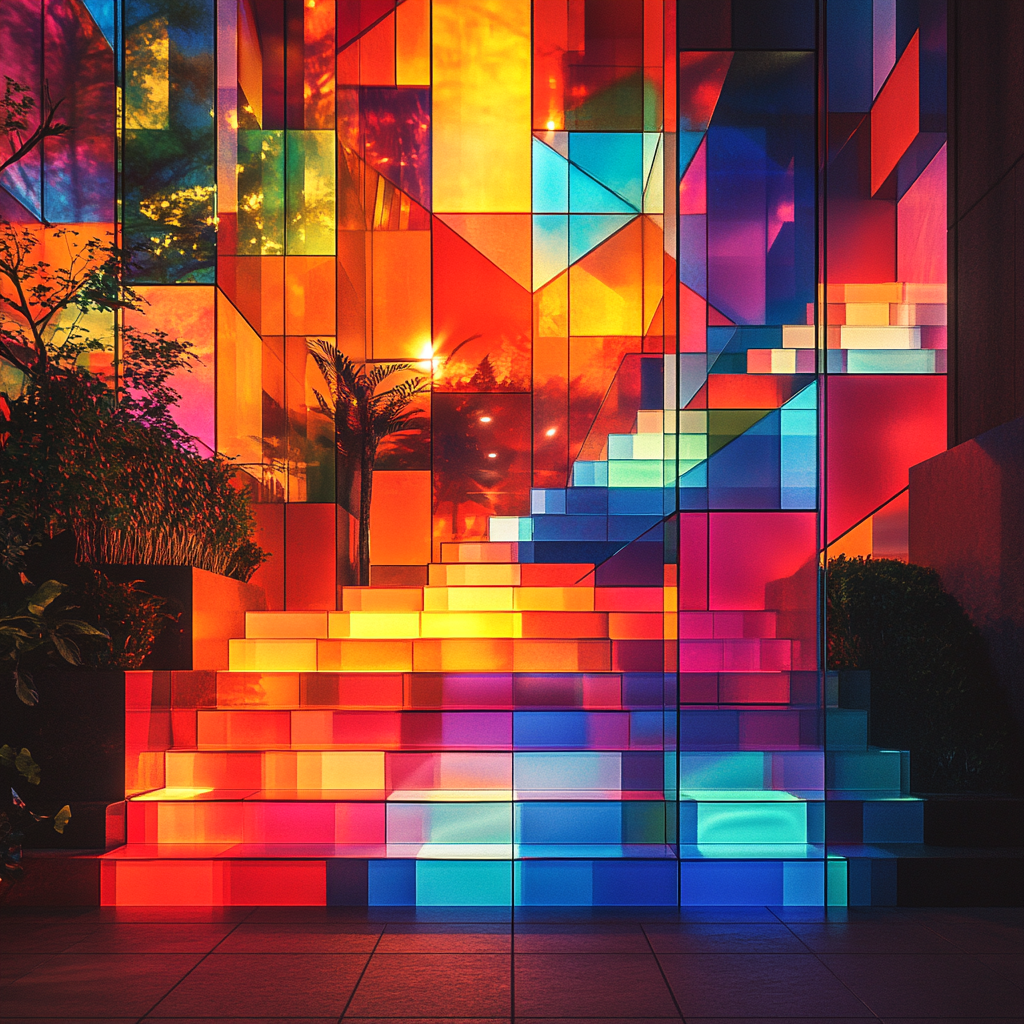 Prismatic landscape with geometric shapes in vibrant hues.