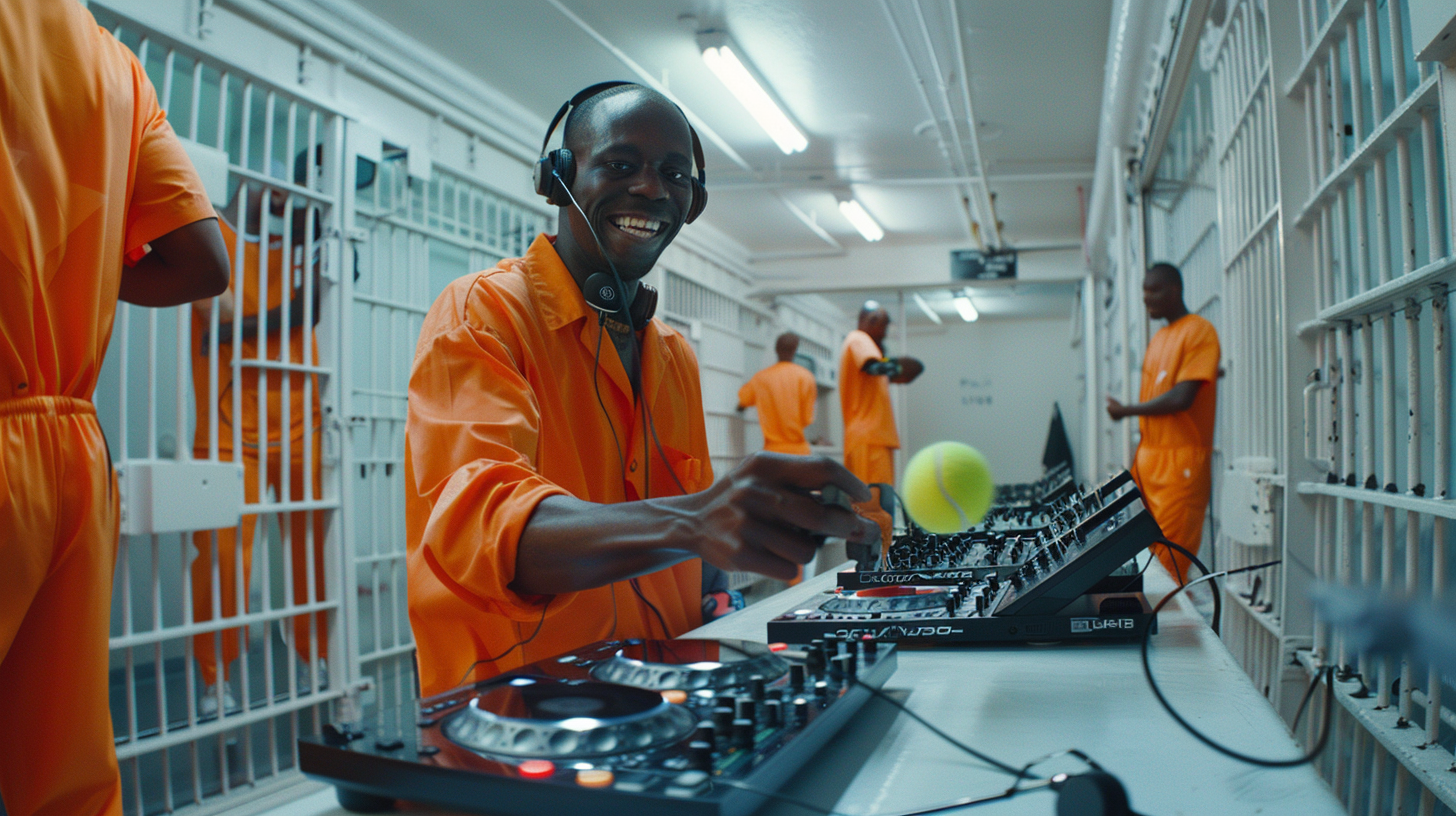 Prisoner DJing in White Cell with CDJ 2000 Decks