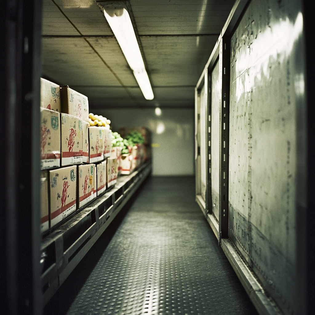 Produce boxes stacked near ceiling in box truck.