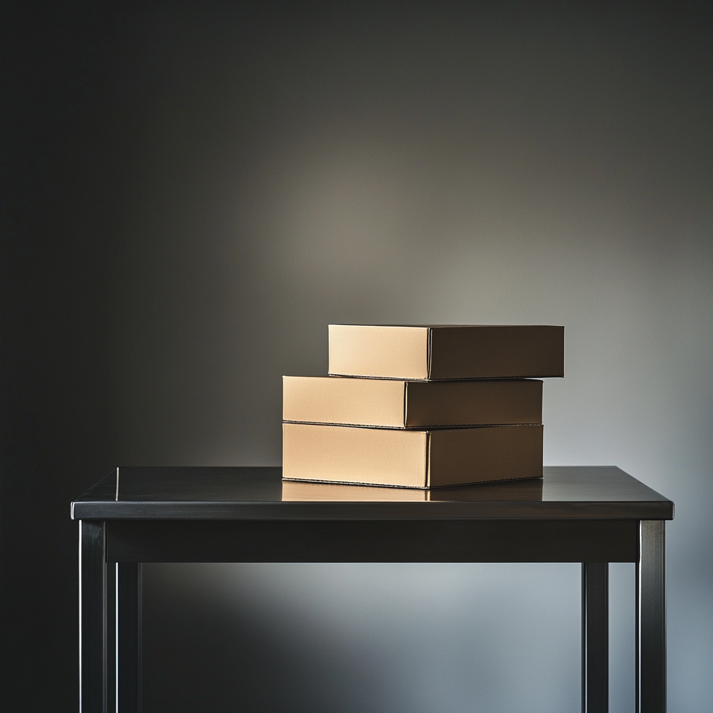 Product photography: Brown boxes on stainless steel table