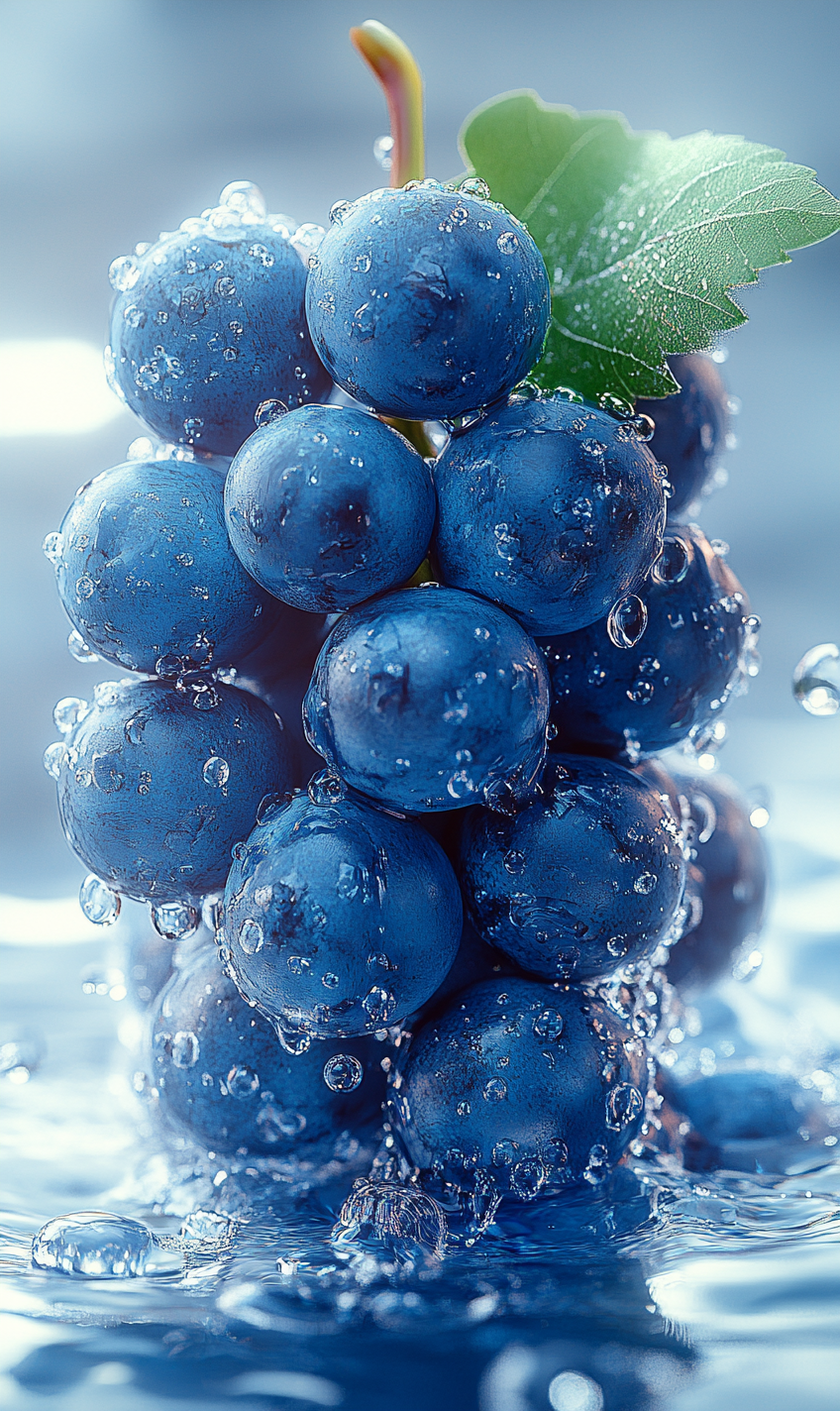 Product shot of dark blue grapes in sparkling water.