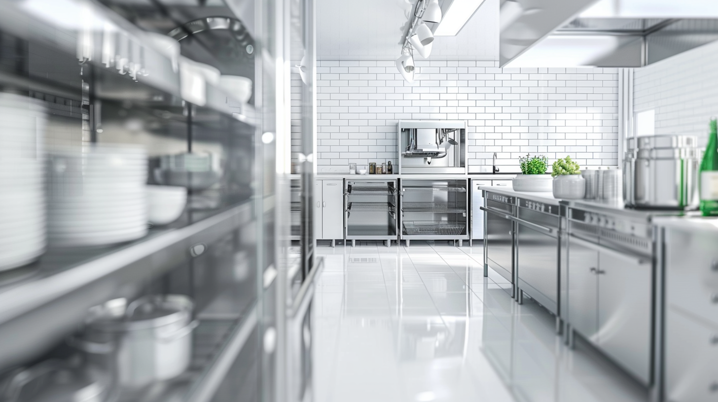 Professional Restaurant Kitchen: White, Clean, Big Fridge