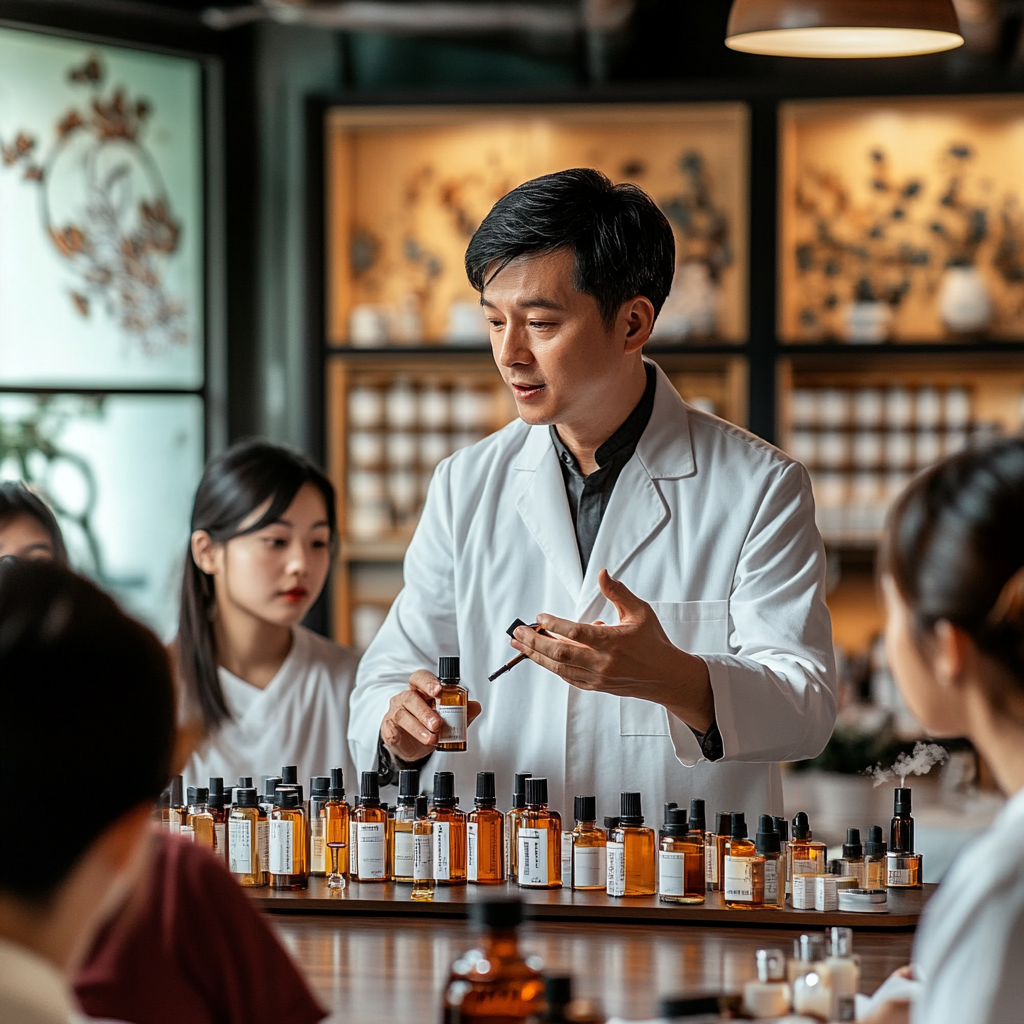 Professional Taiwanese instructor guides students in perfume blending class.