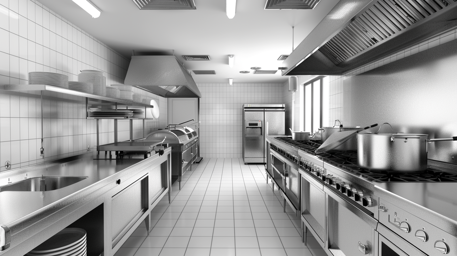 Professional White & Silver Restaurant Kitchen with Cool Storage