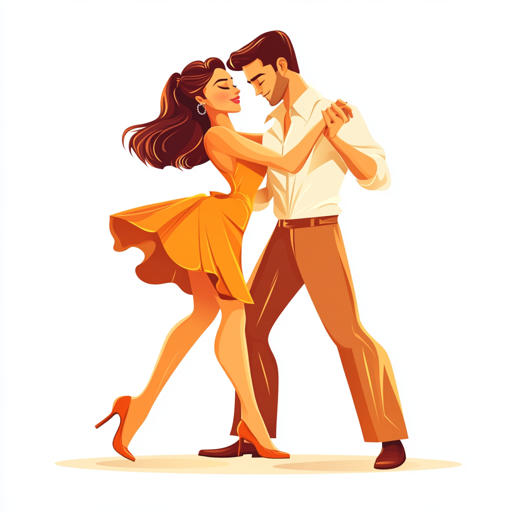 Professional ballroom dancers dancing cha-cha-cha in colorful vector style.