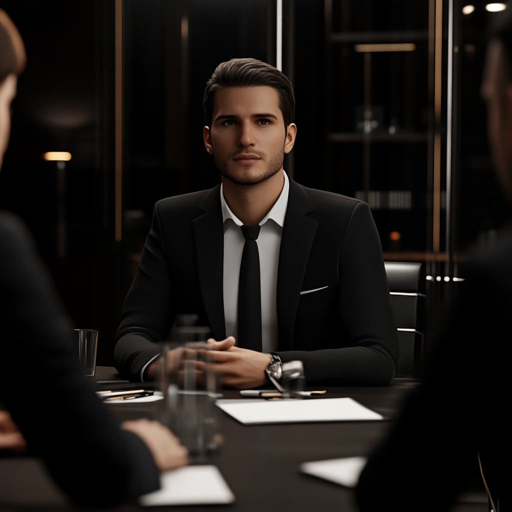 Professional business presentation with attentive interviewers, black theme.