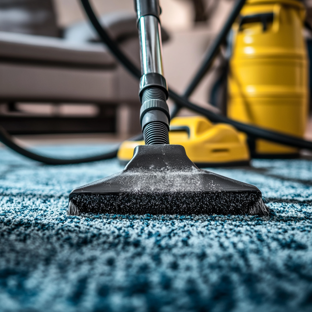 Professional cleaner making dirty carpet clean with vacuum.