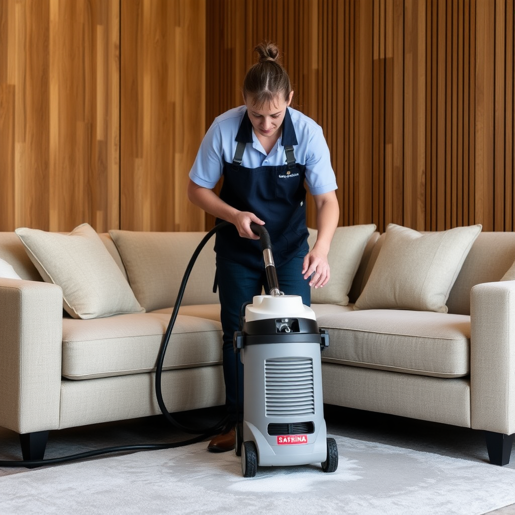 Professional cleans furniture with Sabrina mini extractor, safe and effective.