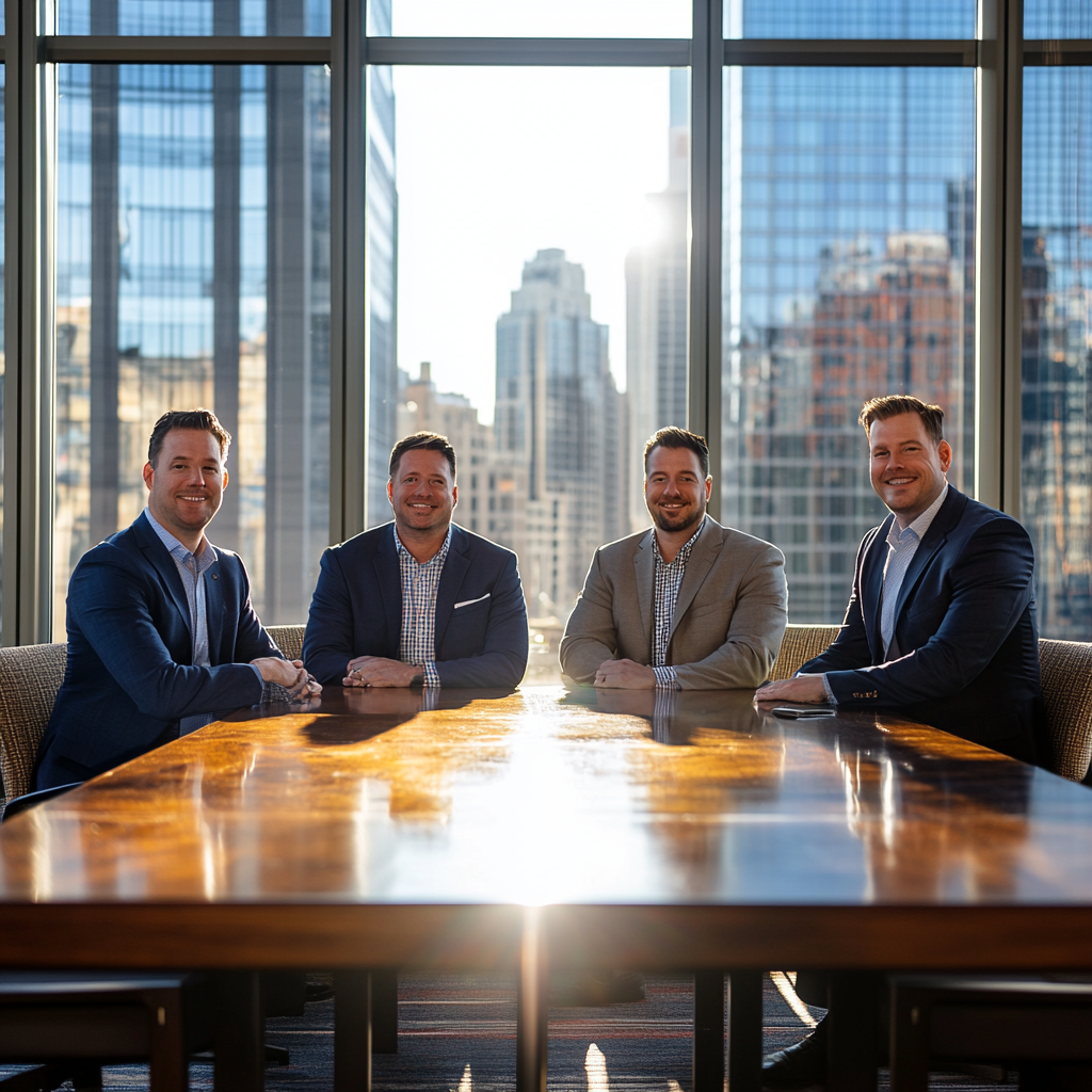 Professional executives in navy and beige at conference table