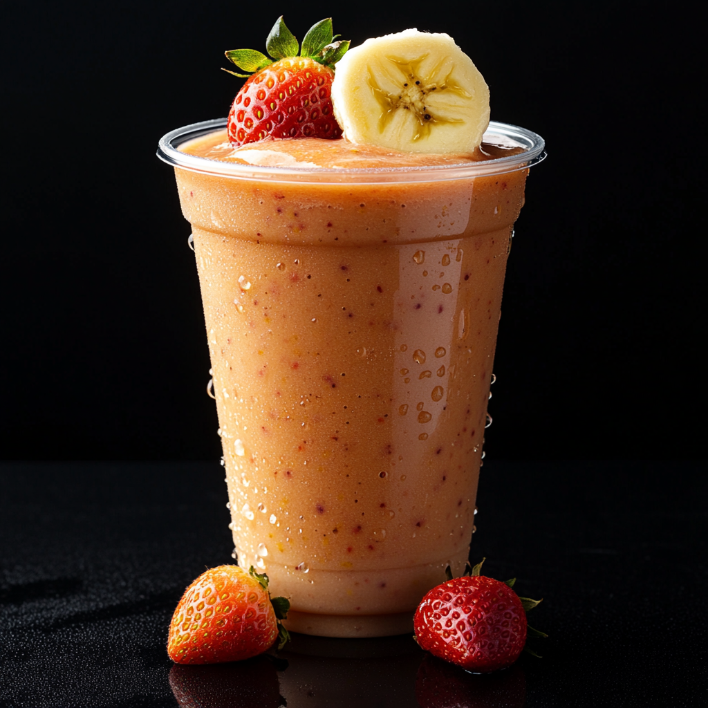 Professional food photography of golden smoothie in clear cup.