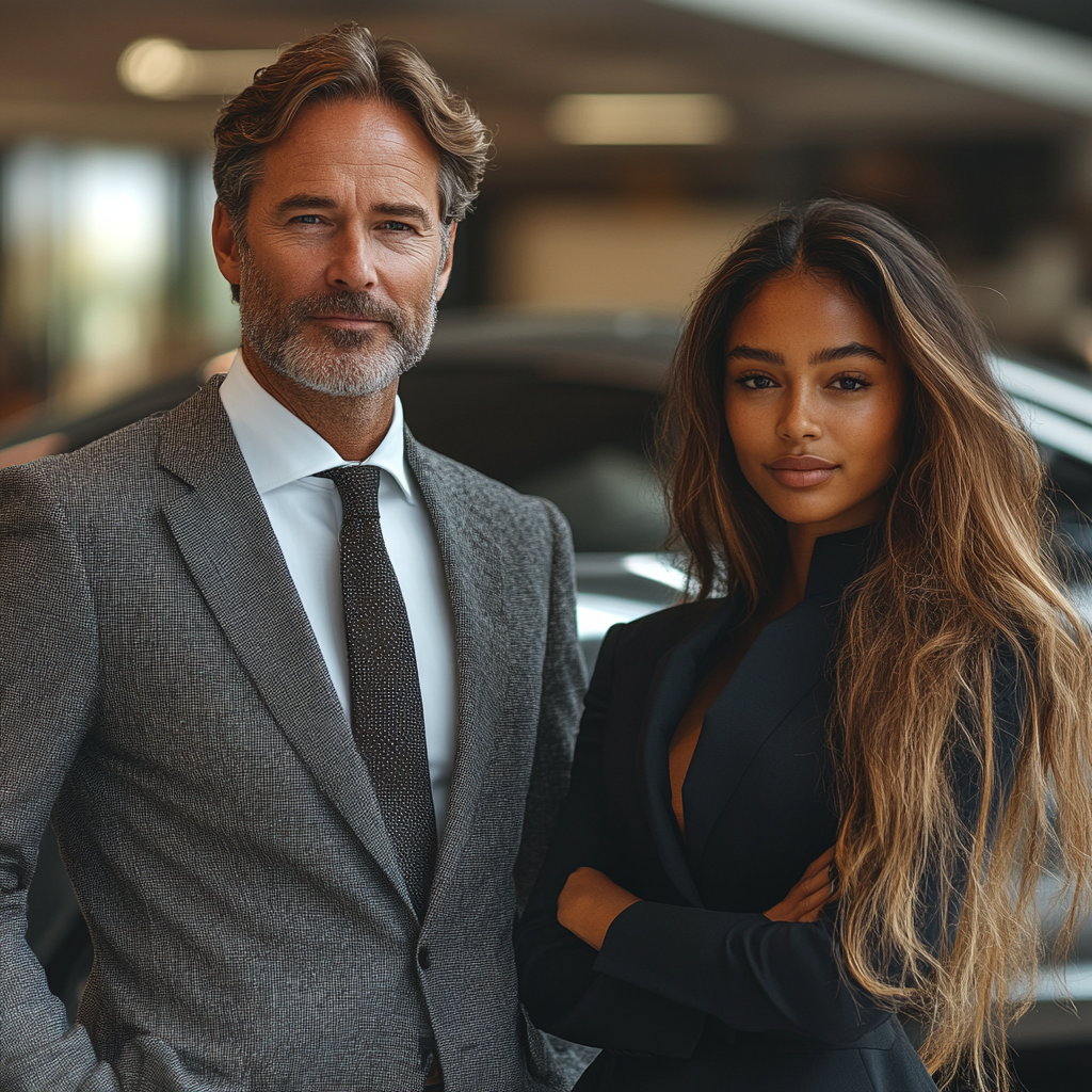 Professional man and woman at car, showing respect.