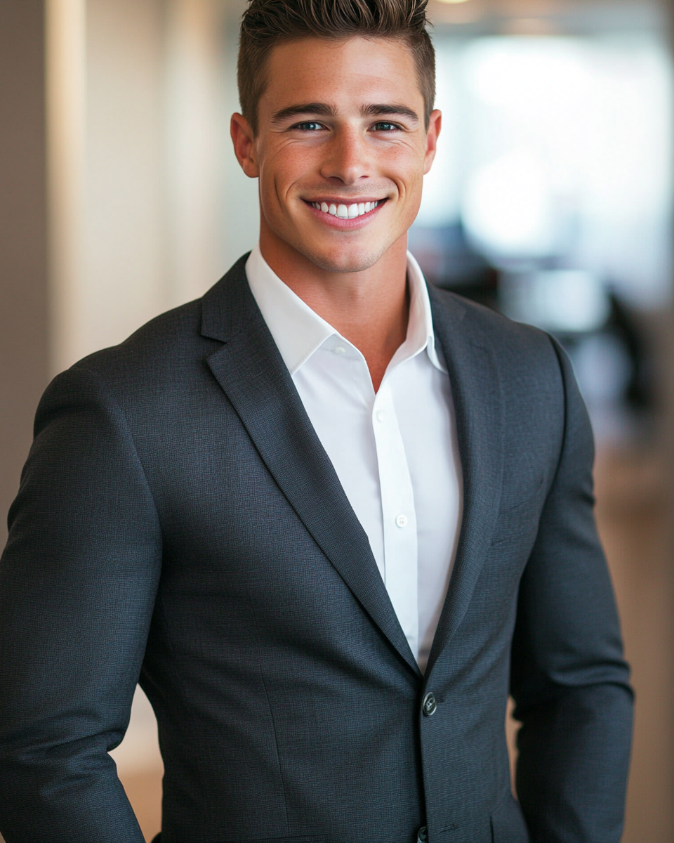 Professional man in suit smiling, office background