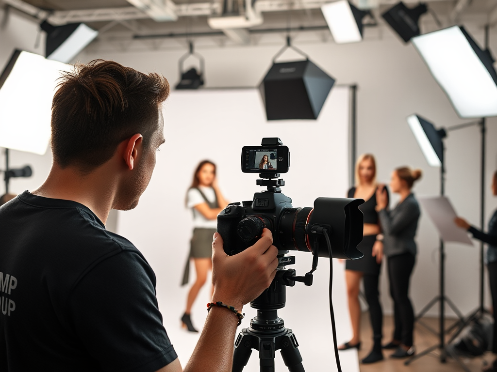 Professional photo shoot in well-lit studio with fashion model.