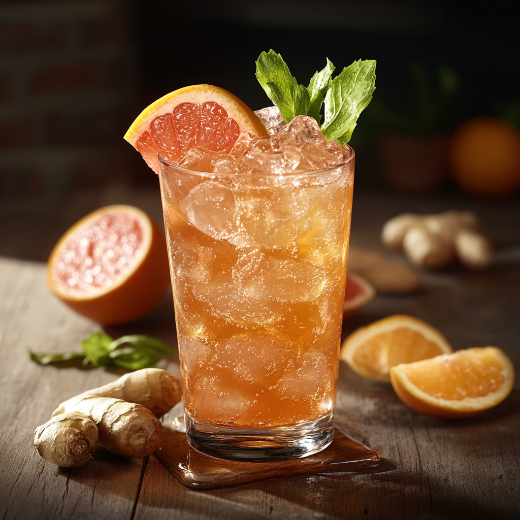 Professional photographer documents Grapefruit iced, ginger, gogi berry.