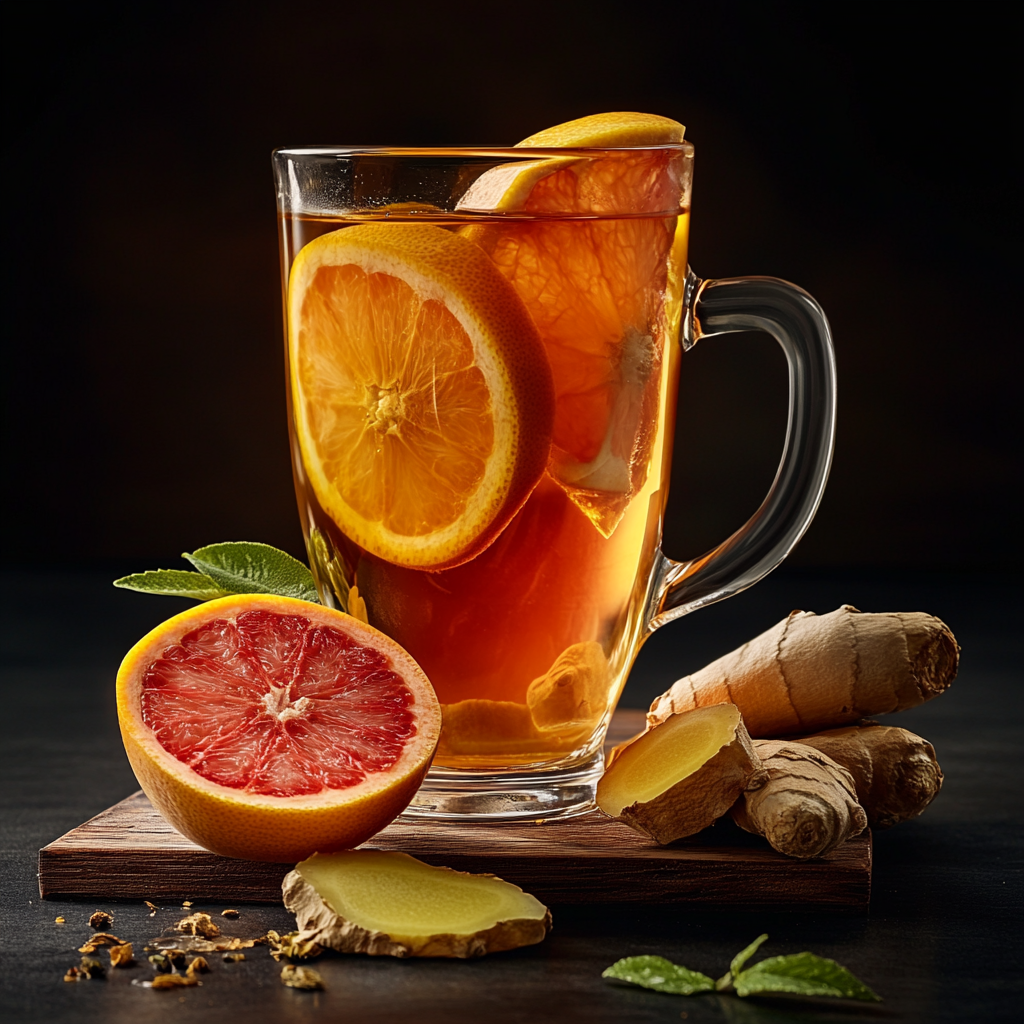 Professional photography of Grapefruit tea, ginger, gogi berry.