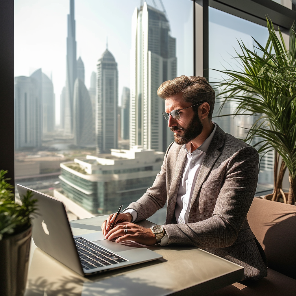 Professional real estate agent typing on laptop in Dubai office.