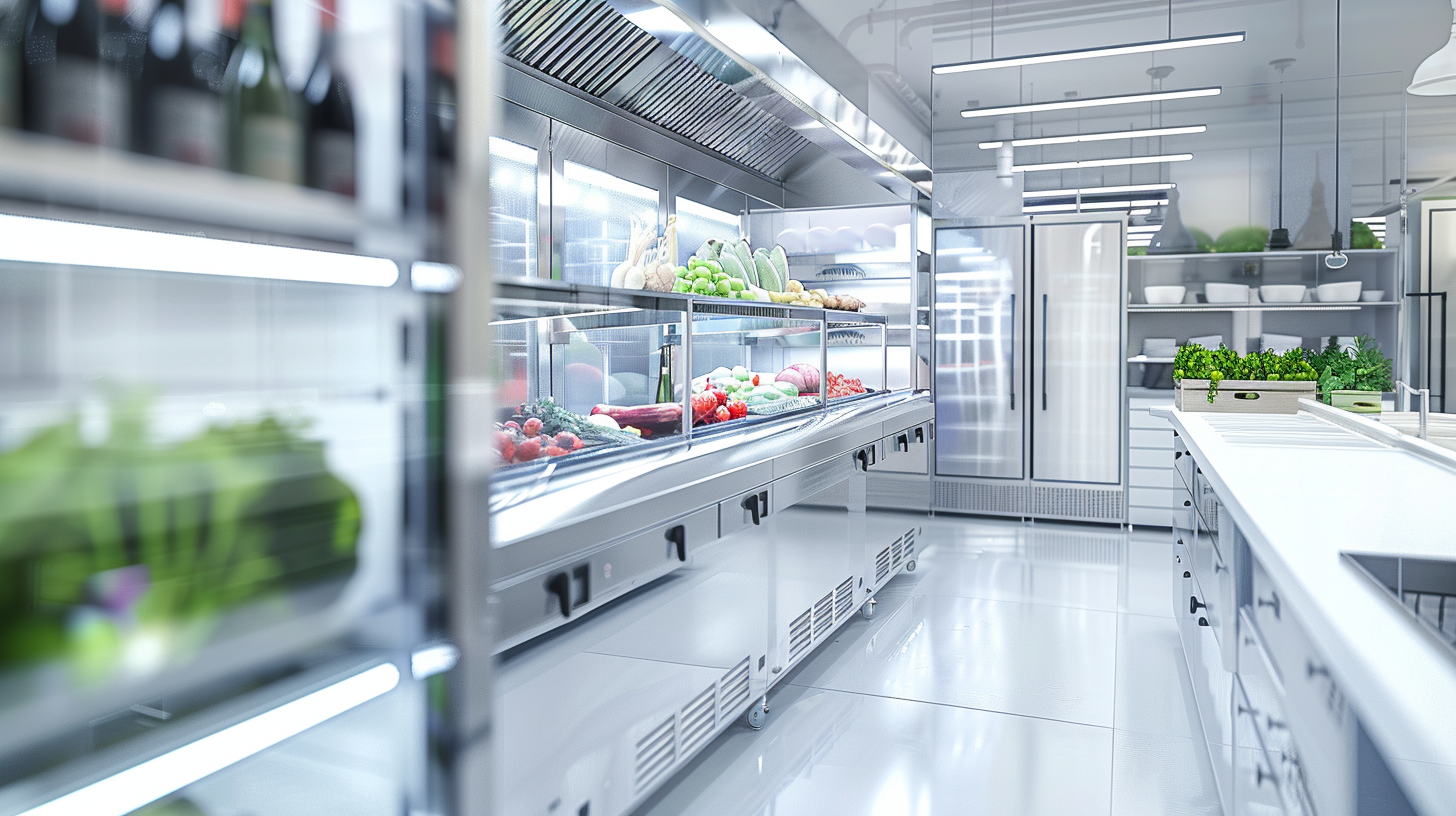 Professional restaurant kitchen with white and silver decor, big glass door fridge.