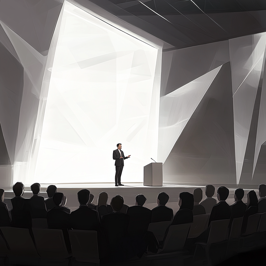 Professional speaking to audience in modern conference hall