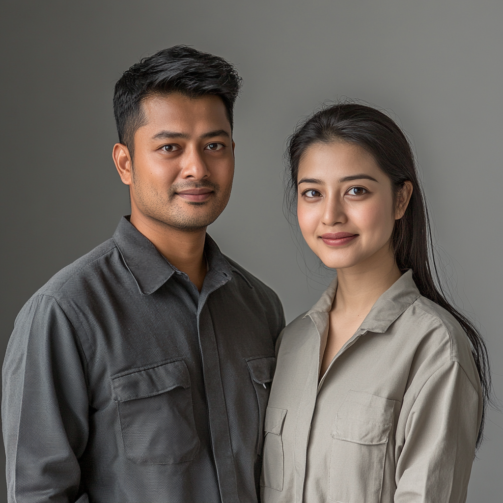 Professional studio portrait of Bangladeshi man and Asian woman.