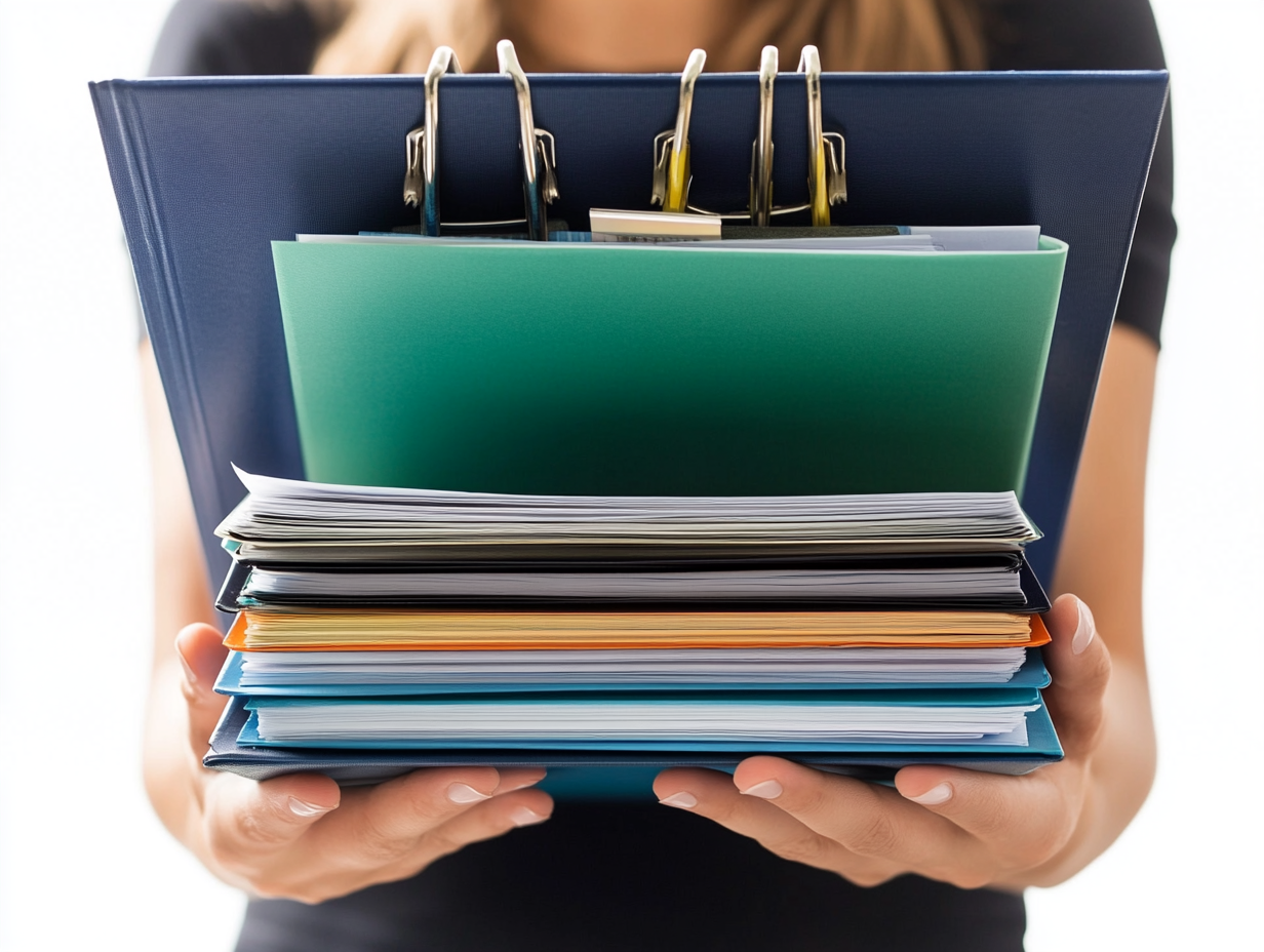 Professional woman with office stationery on white background.