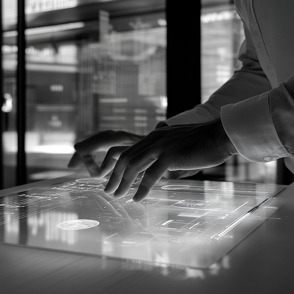 Professional working on transparent tablet in modern office.