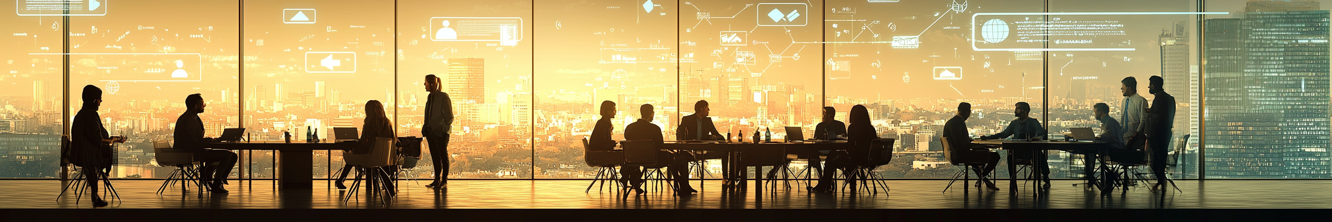 Professionals discussing at conference table with city backdrop