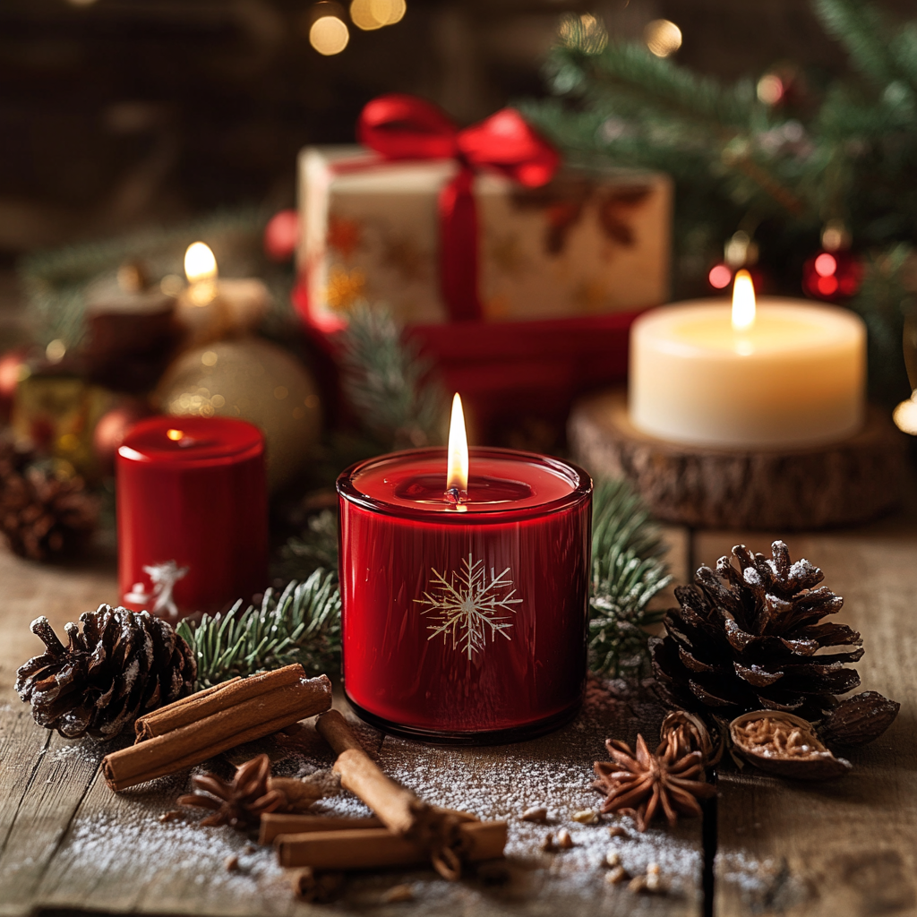 Professionelle commercial photo of artisanal candles, Christmas ambiance, red, Christmas tree, spices, cinnamon, commercial packaging set design