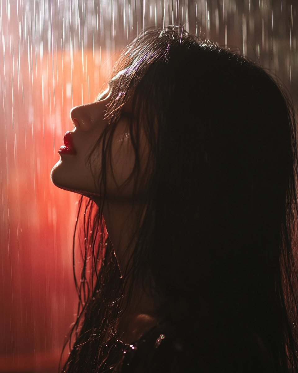 Profile of Asian woman with eyes closed in rain.