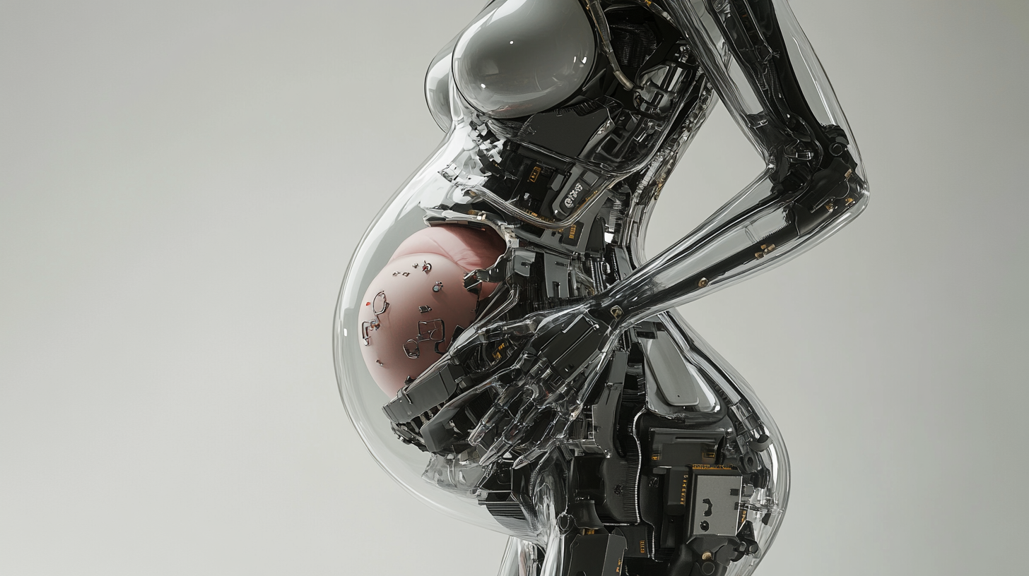 Profile of android with transparent pregnant abdomen, detailed mechanics