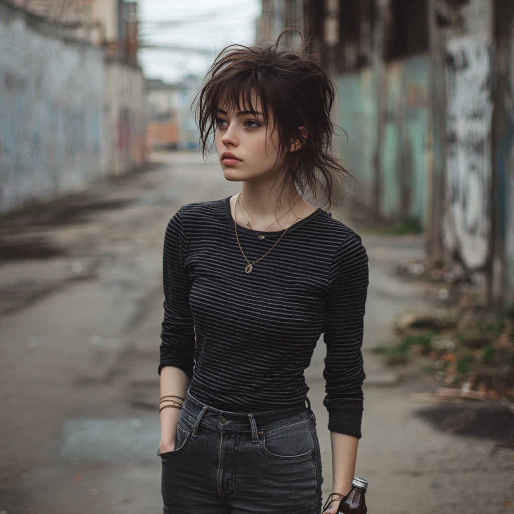 Profile picture with empty streets, unamused expression, spiky hair.