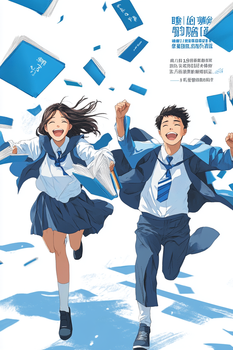 Promotional poster with characters running towards us with open book