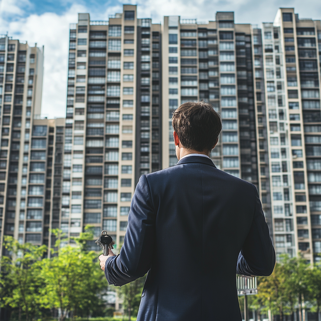 Property manager man in business suit with keys